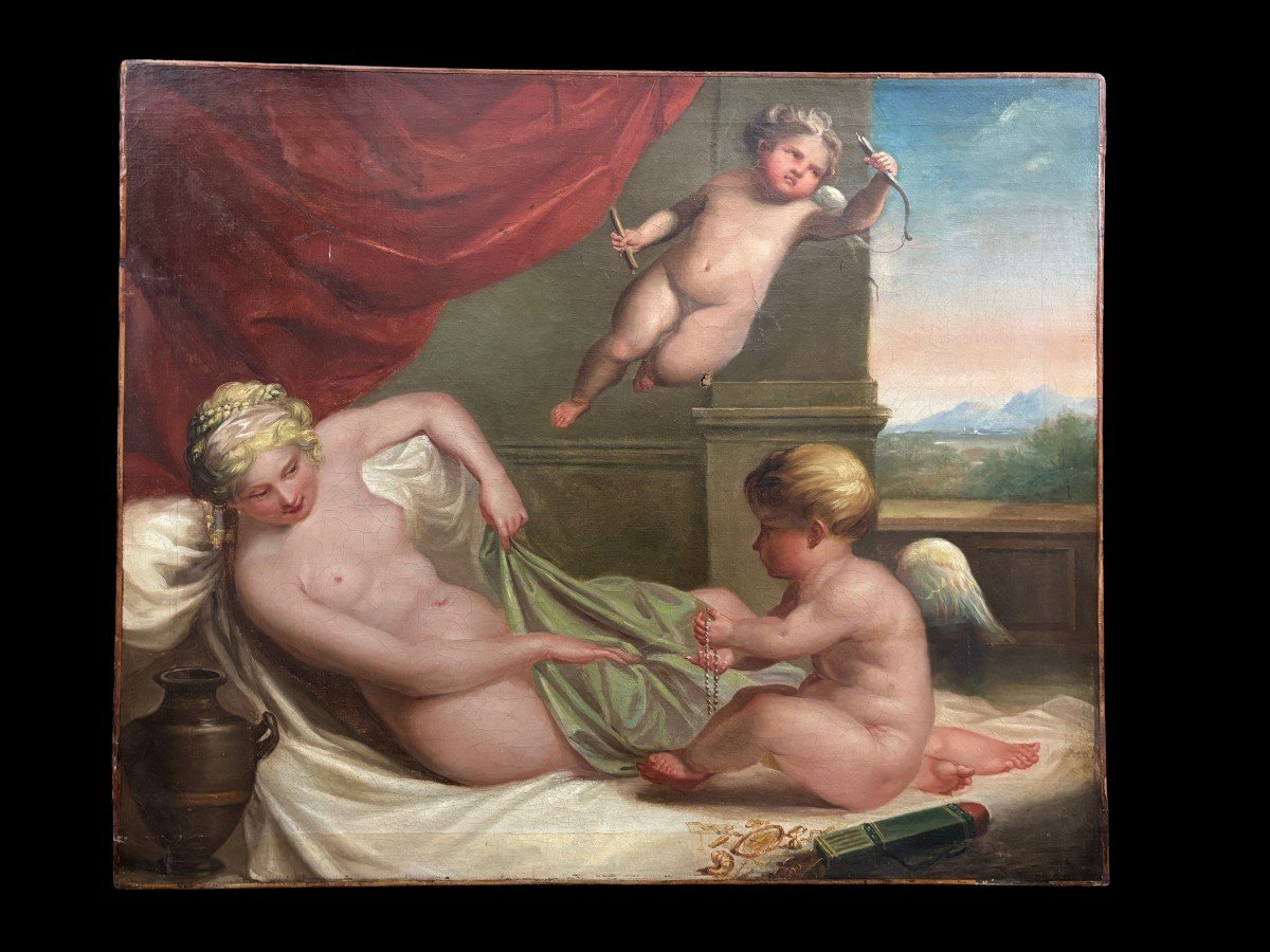 Oil Painting On Canvas Depicting Venus Joking With The Amorini