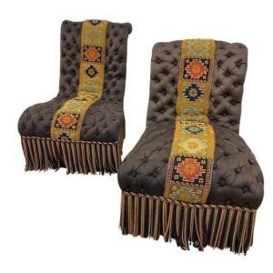 Pair Of Small Armchairs In Fabric With Embroidery In Beads
