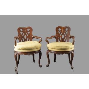 Pair Of Walnut Venetian Armchairs