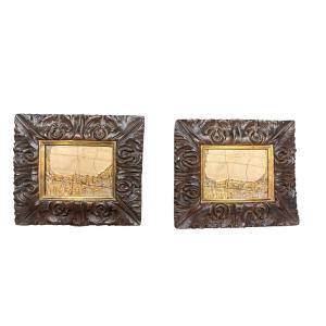 Pair Of Lacquered And Gilded Wooden Frames With  Panels In Pietra Paesina