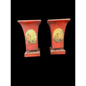 Pair Of Red Piented Tole Piente With Decorations