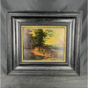 Painting On Panel Depicting A Rural Scene With Guilloché Frame