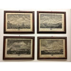 4 Engravings Depicting Ports Of France In Frames Painted In Faux Marble
