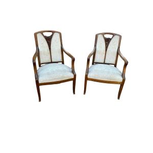 Pair Of Armchairs In Oak Carved With The Flower Of Iris 