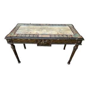 Carved And Gilded Wooden Console With Slate And Polychrome Scagliola Top
