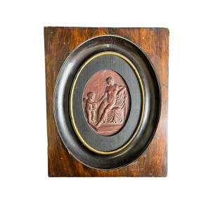 Red Venated Marble Panel  With Neoclassical Scene Sculpted