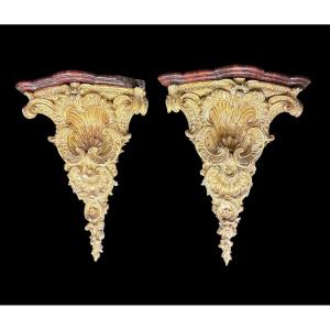 Pair Of Carved And Gilded Corner Shelf With Red Veined Marble Lids