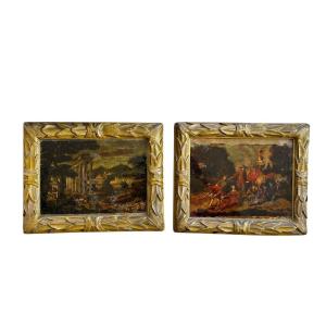 Pair Of Lacquered Piemontesi Frames With Watercolor Engravings 