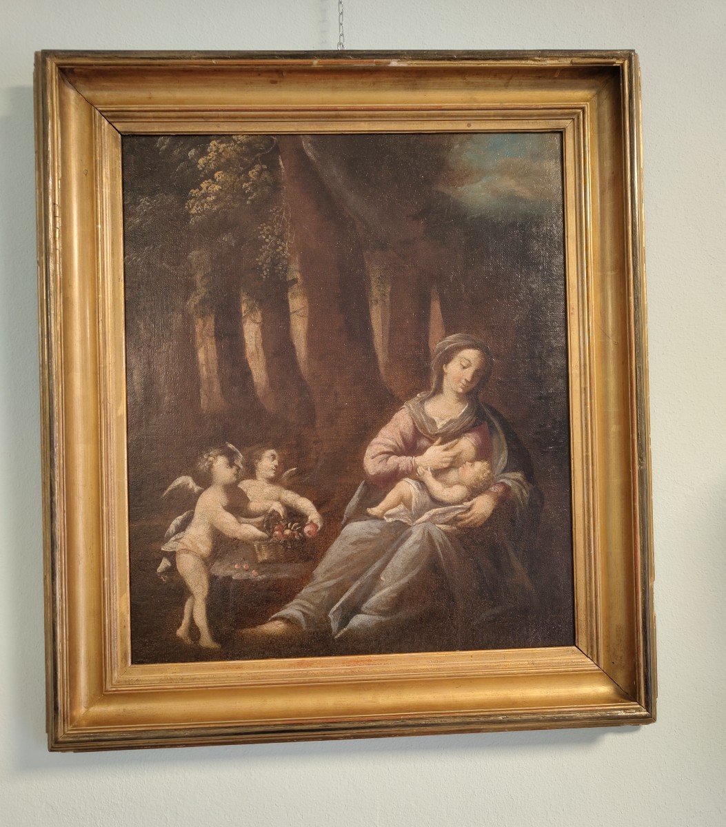 Peinture à l'Huile Sur Toile Vierge à l'Enfant Avec Deux Putti-photo-2