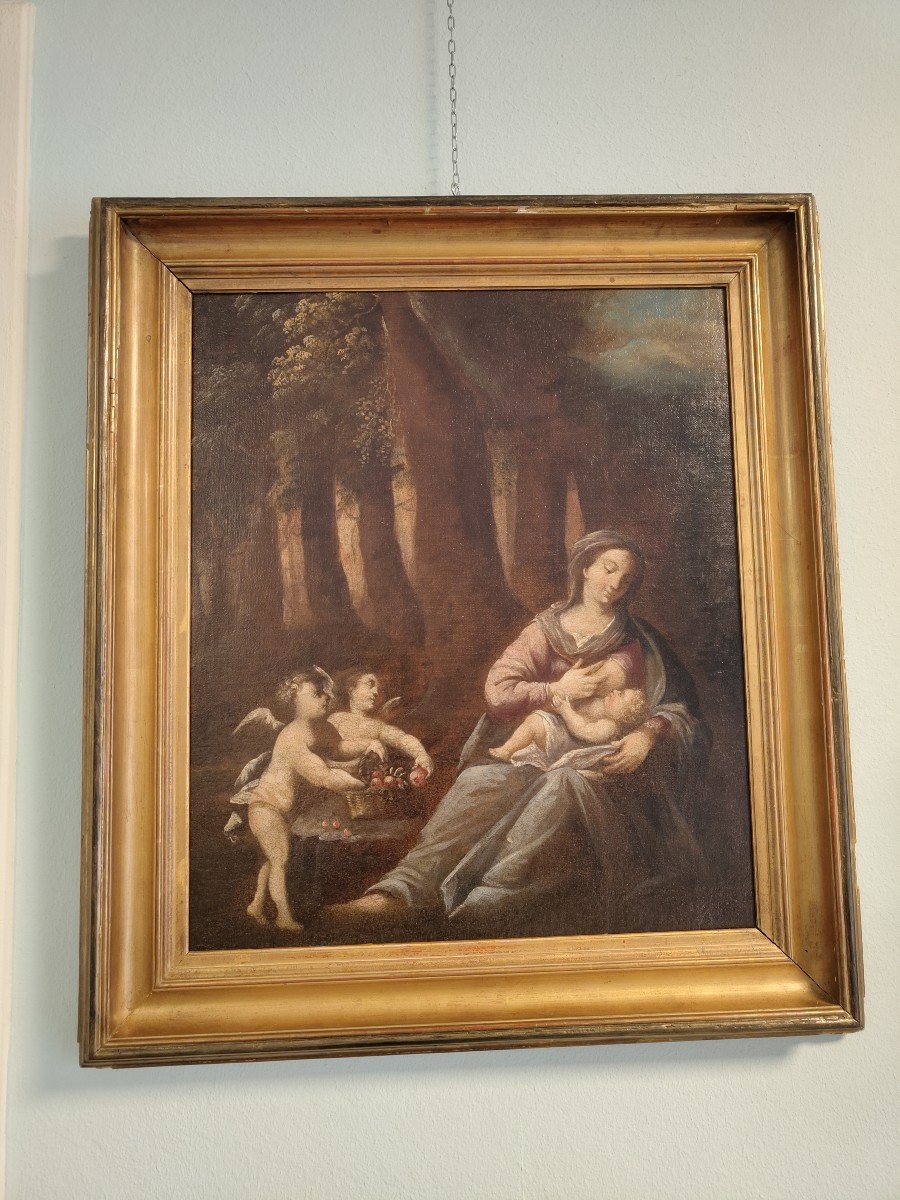 Peinture à l'Huile Sur Toile Vierge à l'Enfant Avec Deux Putti