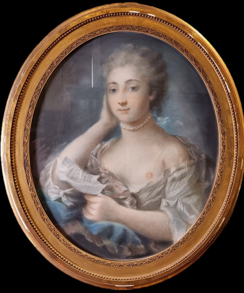 Pastel Portrait On Paper Of A Young Lady With A Letter – French School Of The 18th Century-photo-1