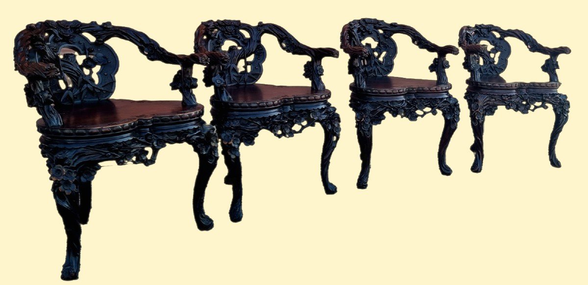 Set Of Four Oriental Armchairs With Floral Carvings-photo-3