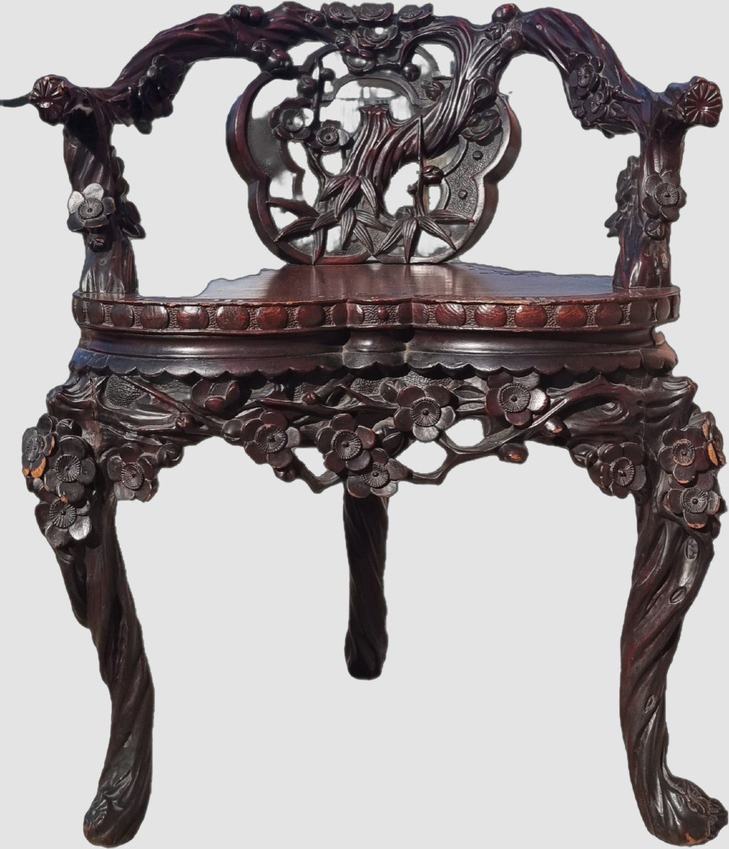 Set Of Four Oriental Armchairs With Floral Carvings