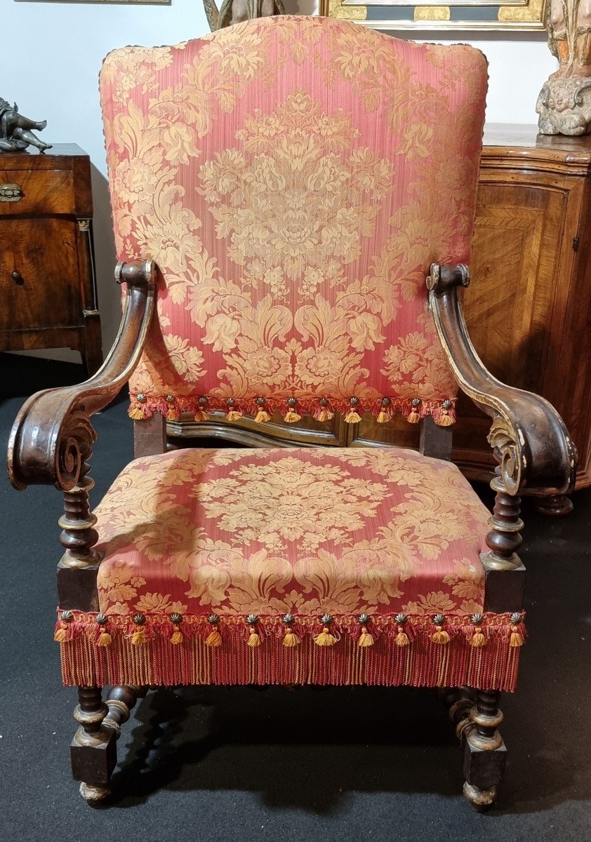 17th-century Emilian Armchair With A Carved And Turned Wooden Frame.-photo-2