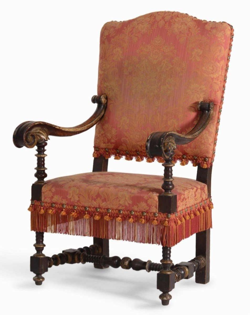 17th-century Emilian Armchair With A Carved And Turned Wooden Frame.-photo-3