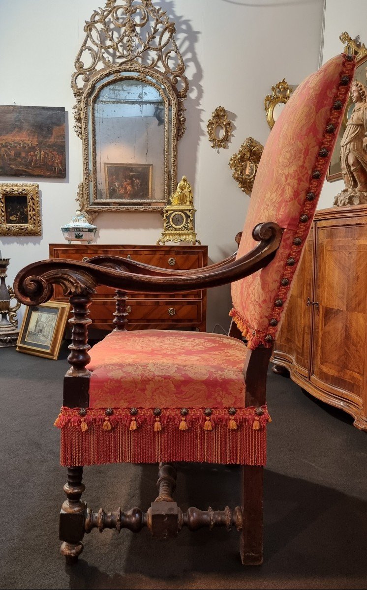 17th-century Emilian Armchair With A Carved And Turned Wooden Frame.-photo-4