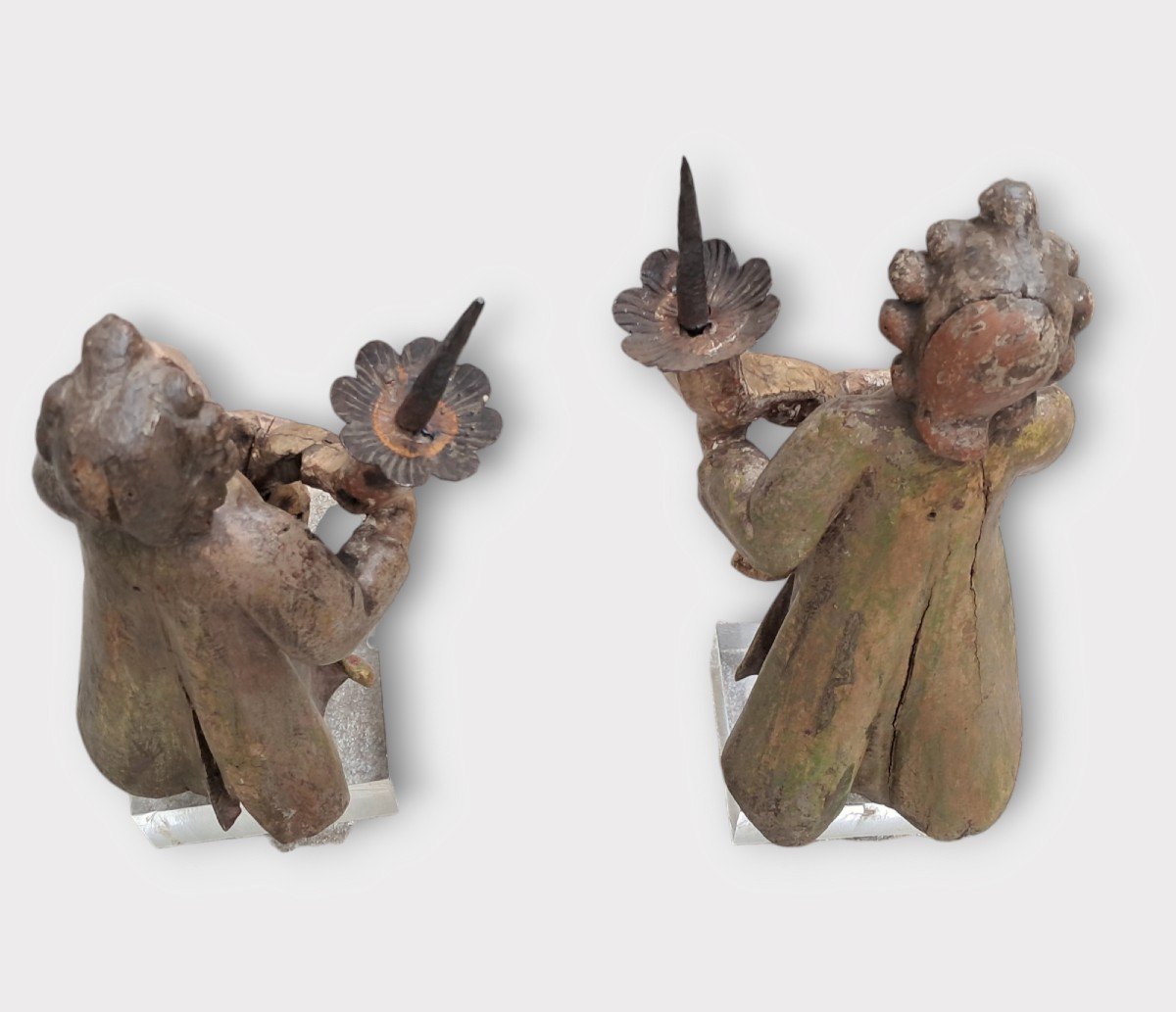 Pair Of Painted Wooden Torch Holder Angels France XVII Century-photo-3