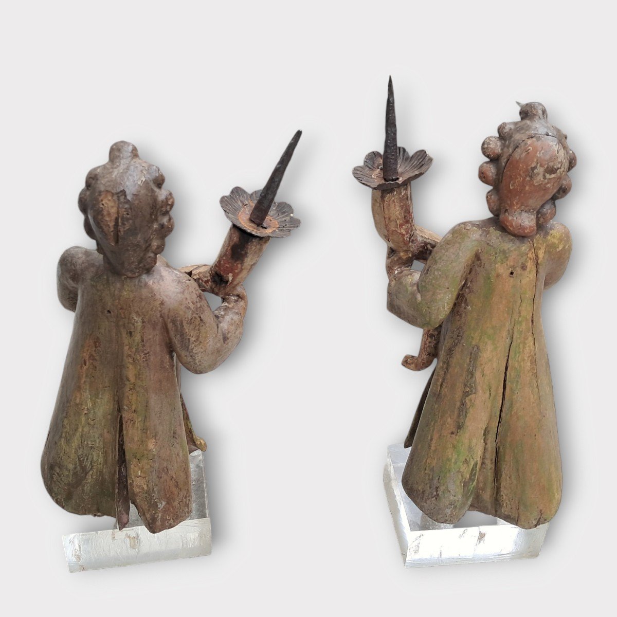 Pair Of Painted Wooden Torch Holder Angels France XVII Century-photo-4