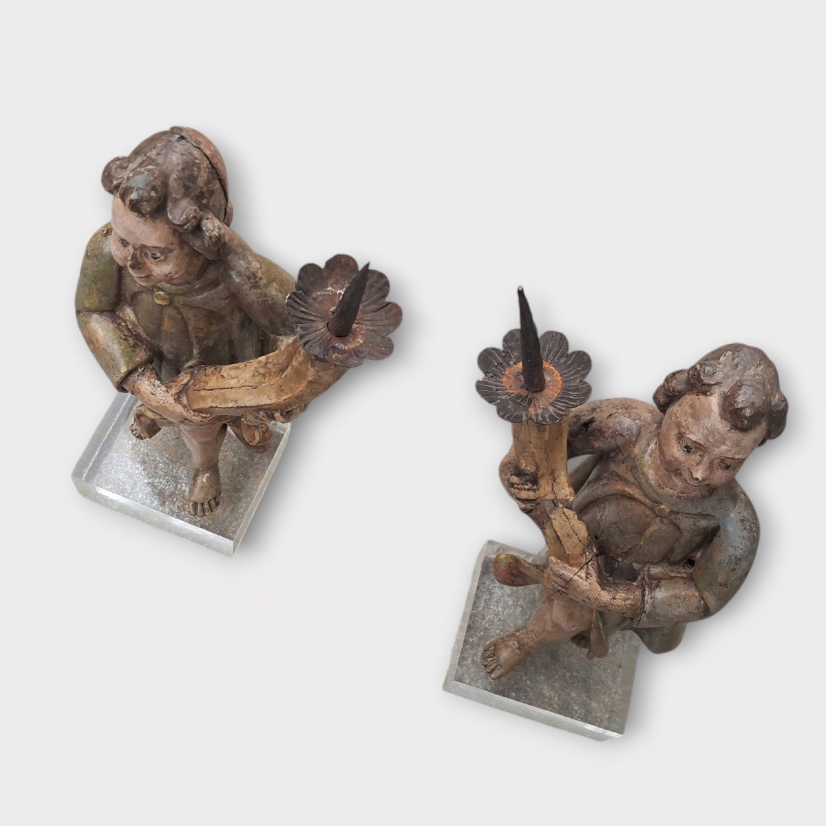 Pair Of Painted Wooden Torch Holder Angels France XVII Century-photo-1