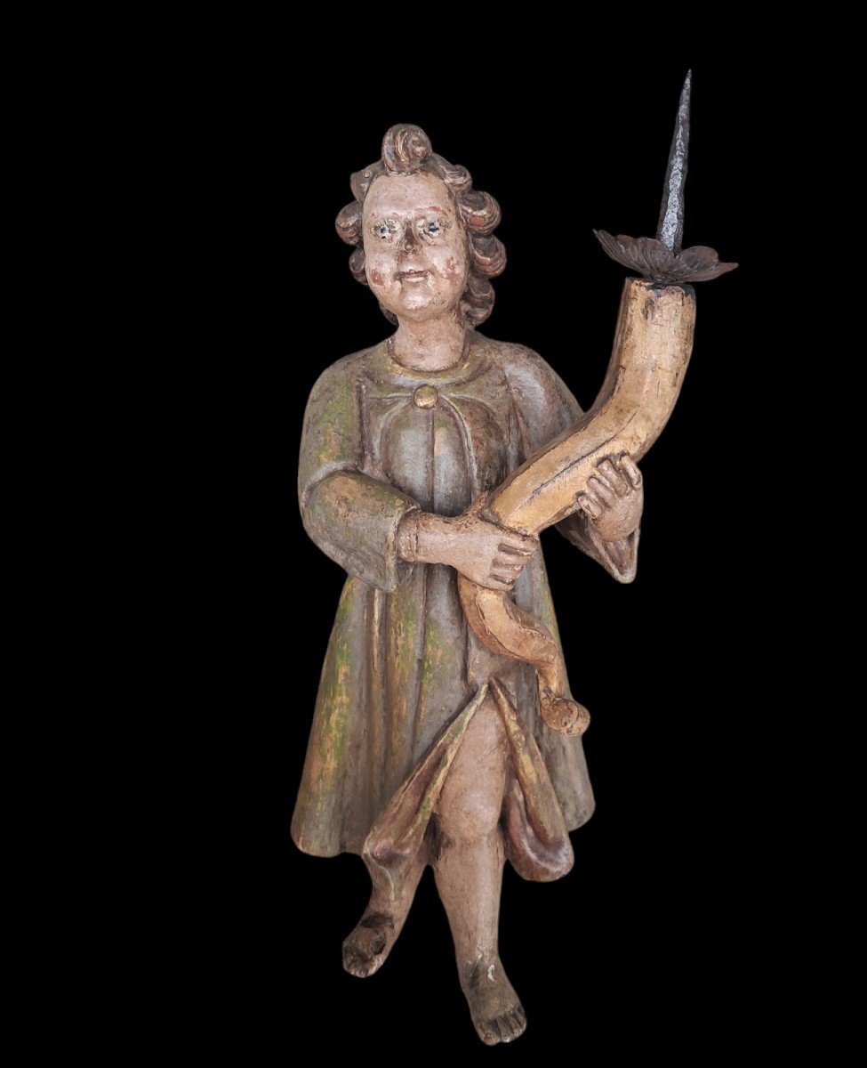 Pair Of Painted Wooden Torch Holder Angels France XVII Century-photo-2