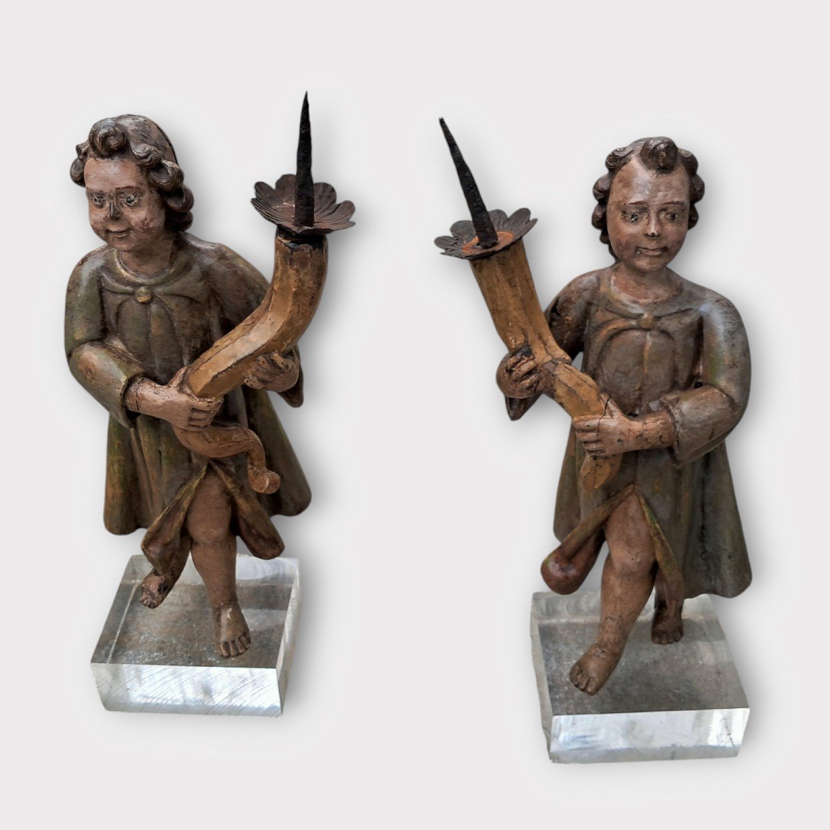 Pair Of Painted Wooden Torch Holder Angels France XVII Century