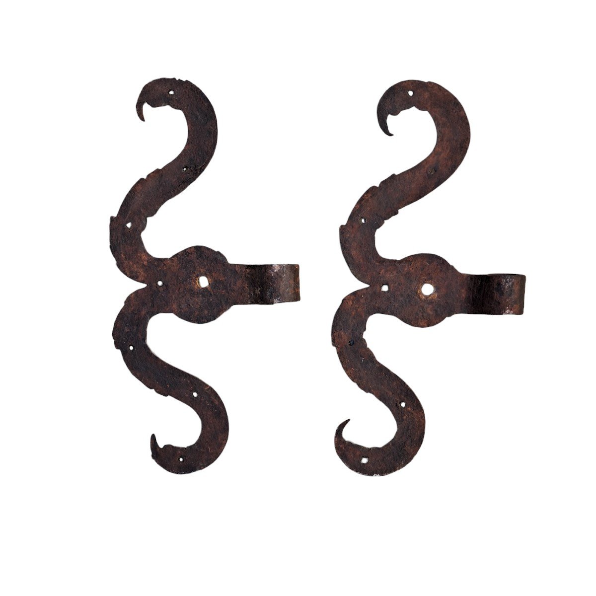 Important Pair Of "moustache" Door Hinges In Forged And Engraved Iron South Tyrol XVII Century-photo-7