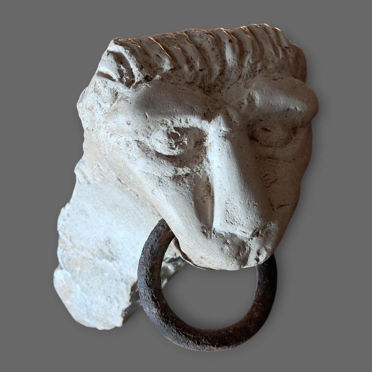 Romanesque Stone Lion Head Holding A Ring Between Its Teeth-photo-3