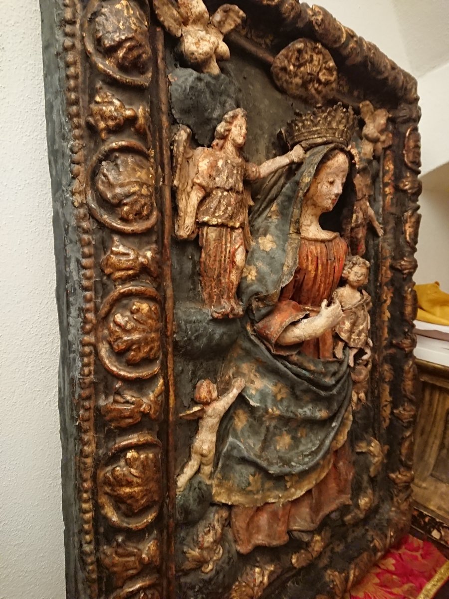 La Vierge Et l'Enfant En Gloire. Bas-relief En Papier Maché Et Bois Peint. Espagne XVIIe Siècle-photo-4