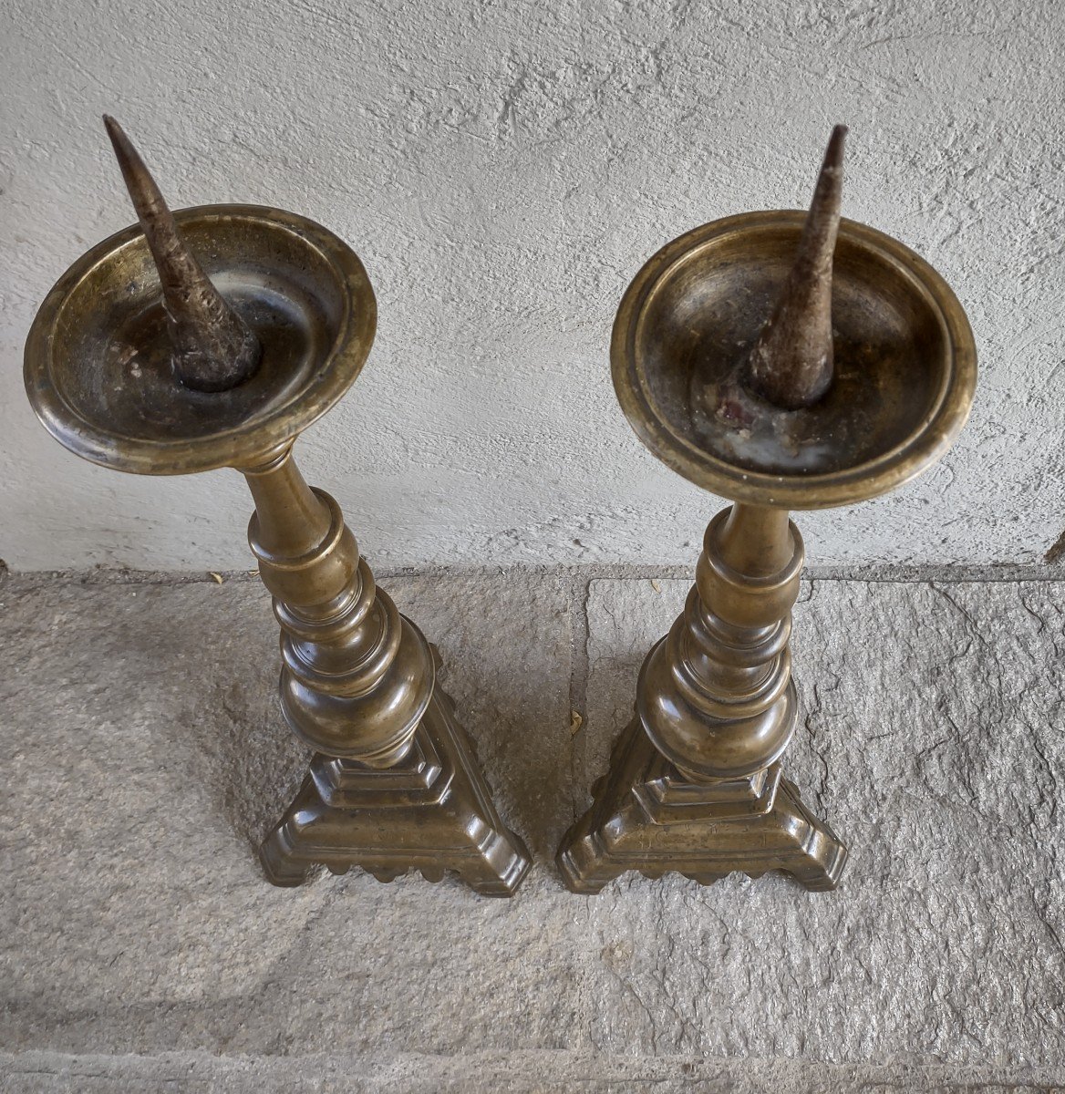 Pair Of Pique Candle In Bronze Seventeenth Century Cm 74-photo-1