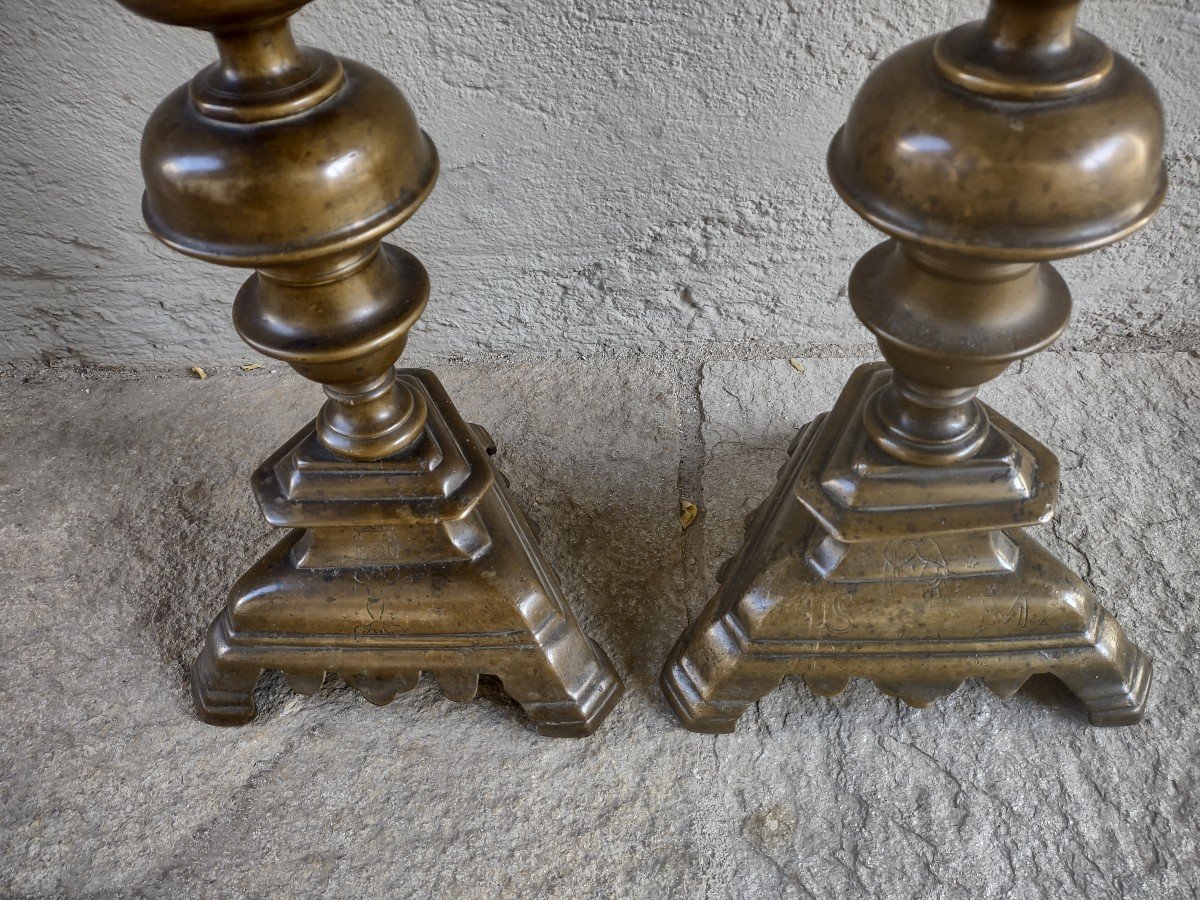 Pair Of Pique Candle In Bronze Seventeenth Century Cm 74-photo-4