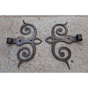  Pair Of Forged Iron Whisker Door Hinges XVII Century