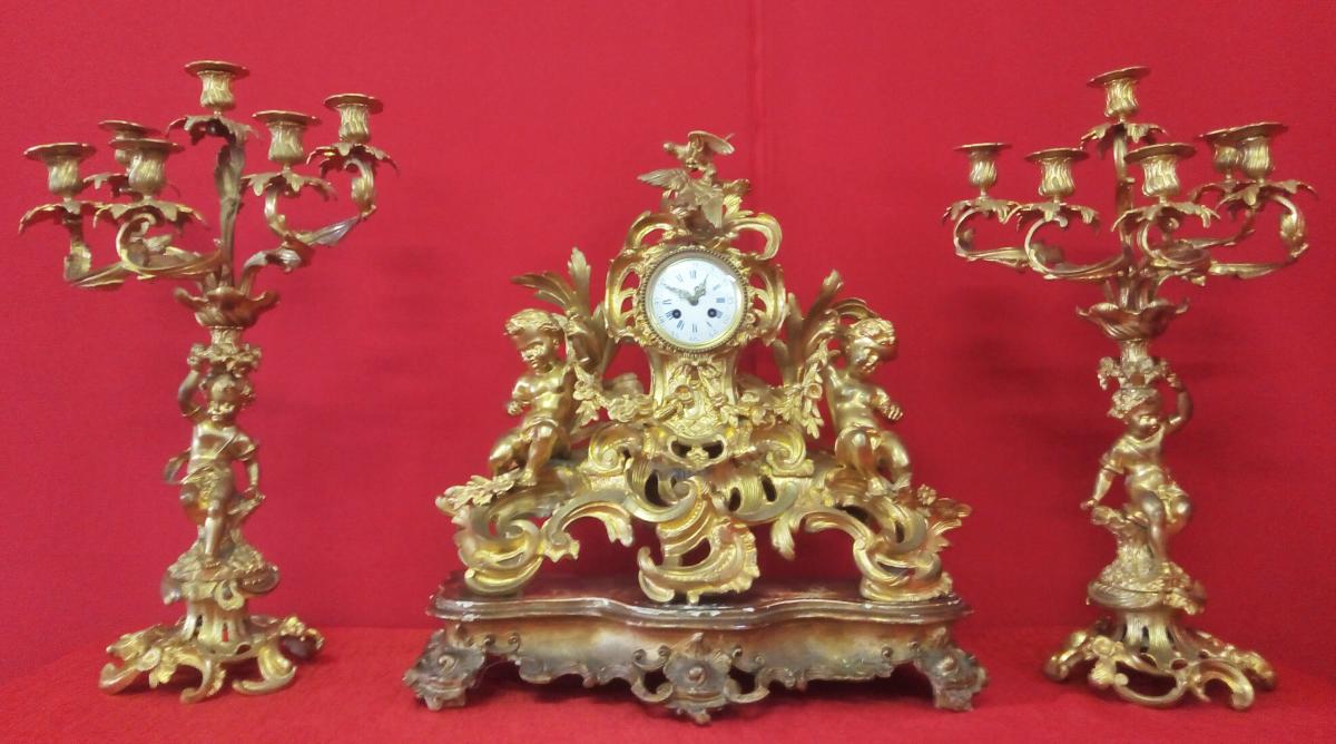 Clock And Pair Of Gilt Bronze Candlesticks-photo-4
