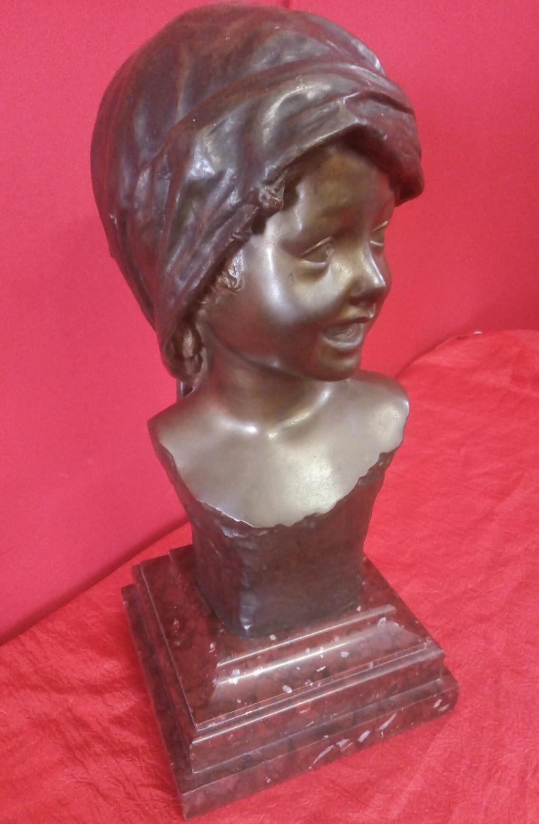 Smiling Girl's Face Bronze Signed-photo-3