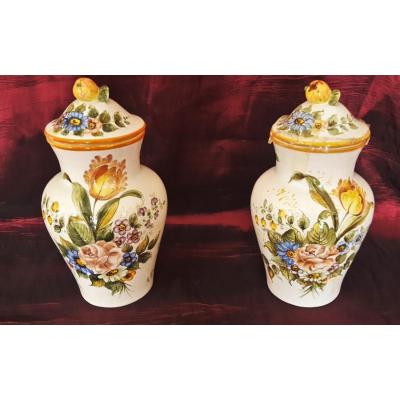 Pair Of Italian Ceramic Vases, Hand-painted