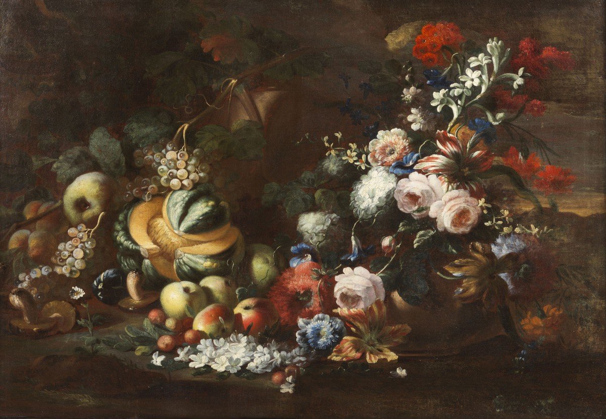 Still Life In Pose With Flowers, Fruit And Mushrooms  '700