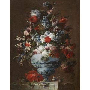 Still Life Depicting A Vase Of Flowers