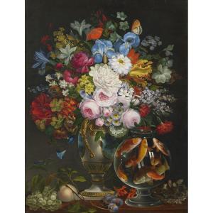 French Still Life Of French Flowers And Fruits '800