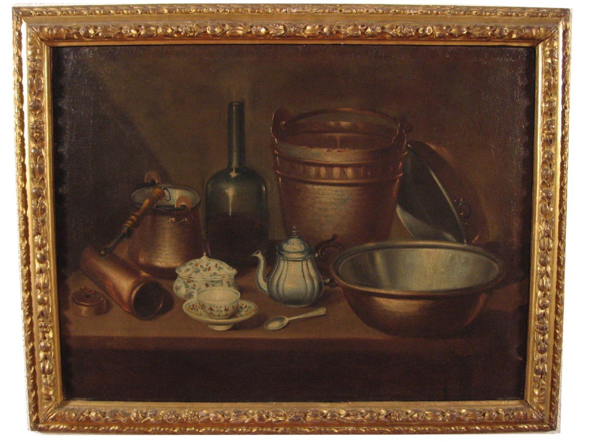 Nature Morte Avec Vaisselle En Cuivre, Bouteille Et Majolique