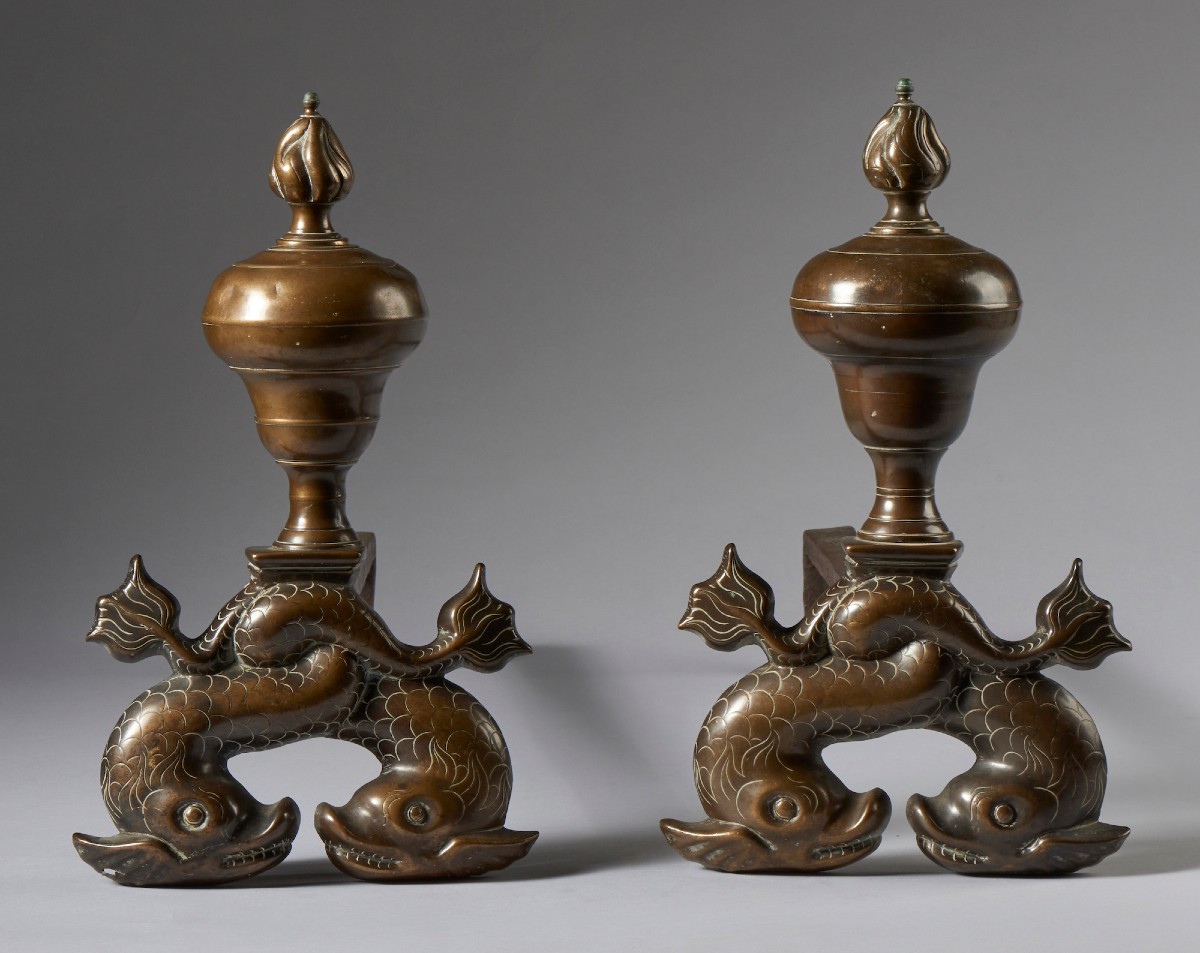 Pair Of Fireplace Andirons In Bronze And Iron Central-northern Italy 18th Century