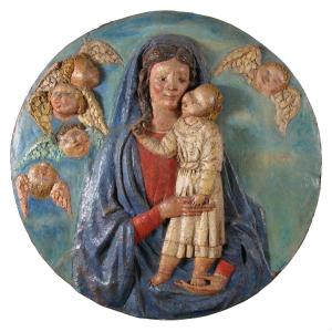 Vierge à l'Enfant, Tondo En Terre Cuite Polychrome Du XXème Siècle