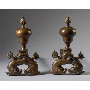 Pair Of Fireplace Andirons In Bronze And Iron Central-northern Italy 18th Century