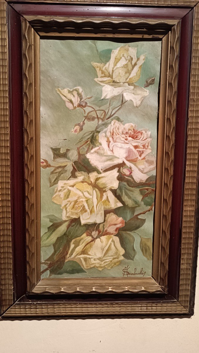 Oil Painting On Paper Depicting Roses - Signed A.sambuchi-photo-2