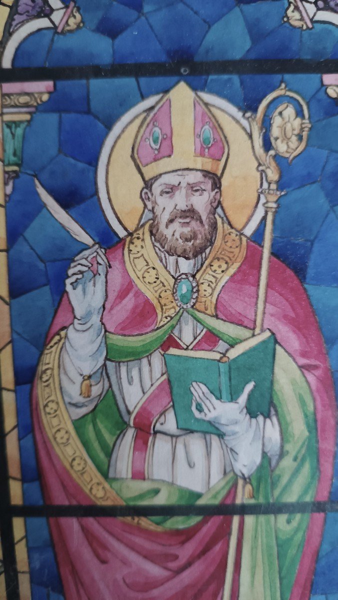 Antique Watercolor Sketch For A Stained Glass Window Painted Saint Augustine-photo-2