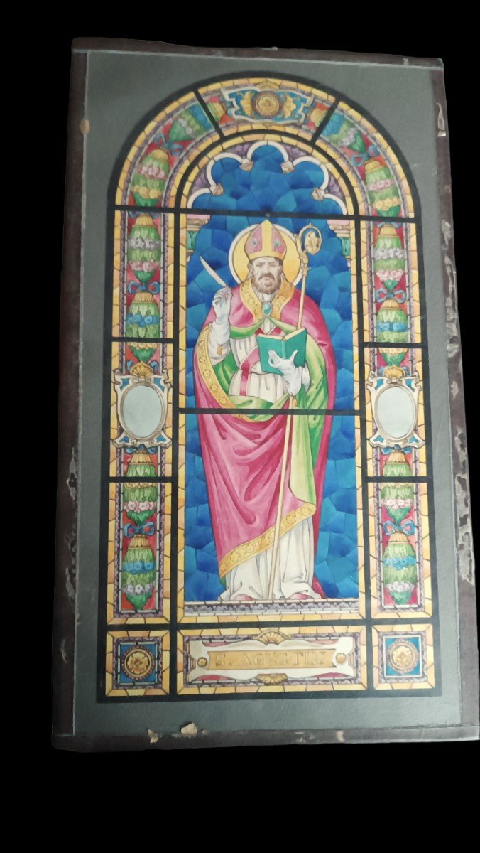 Croquis Ancien à l'Aquarelle Pour Un Vitrail Peint Saint Augustine