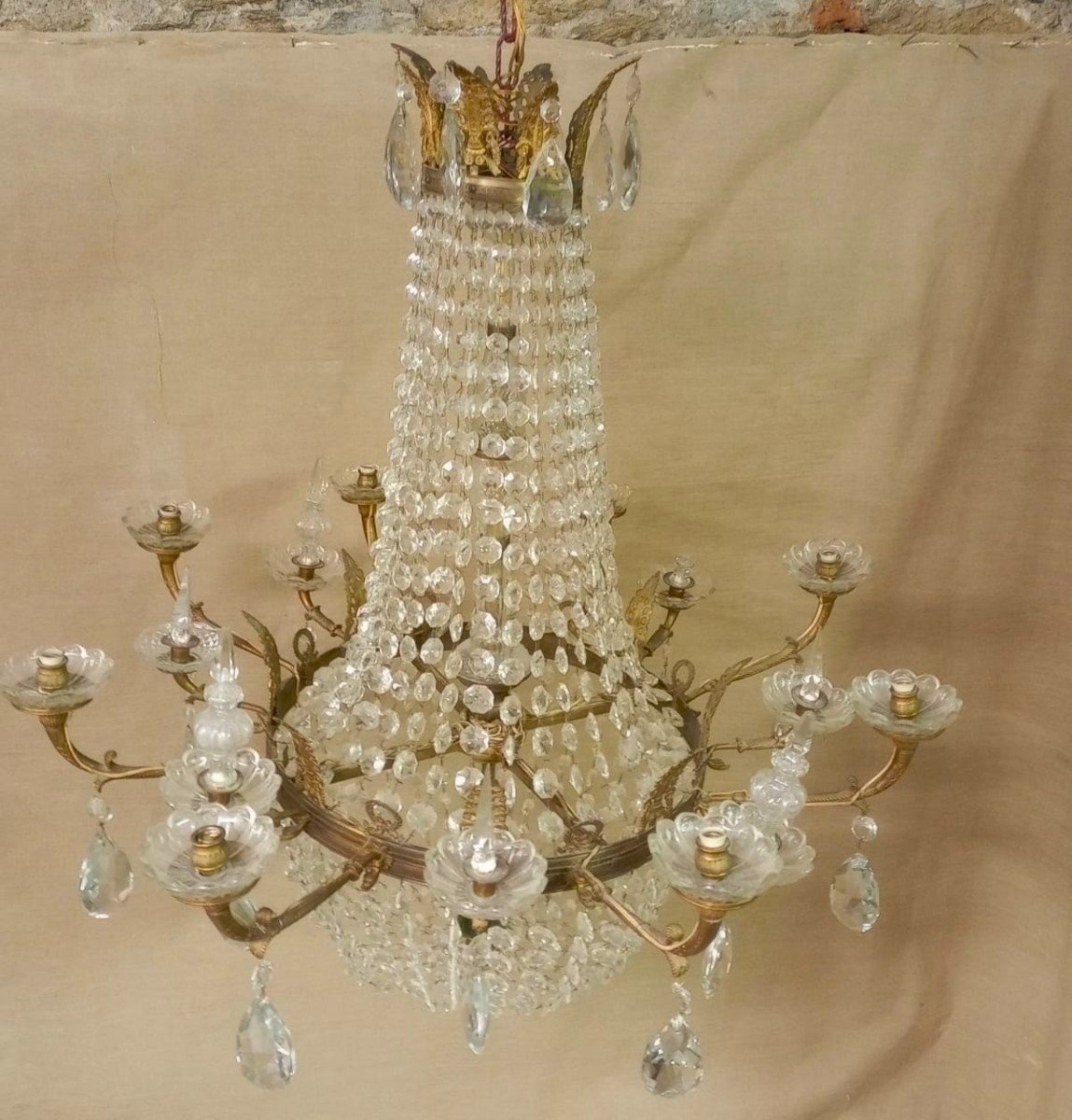 Grand Courbeille De Lustre En Bronze Et Cristal XIX Siecle-photo-1