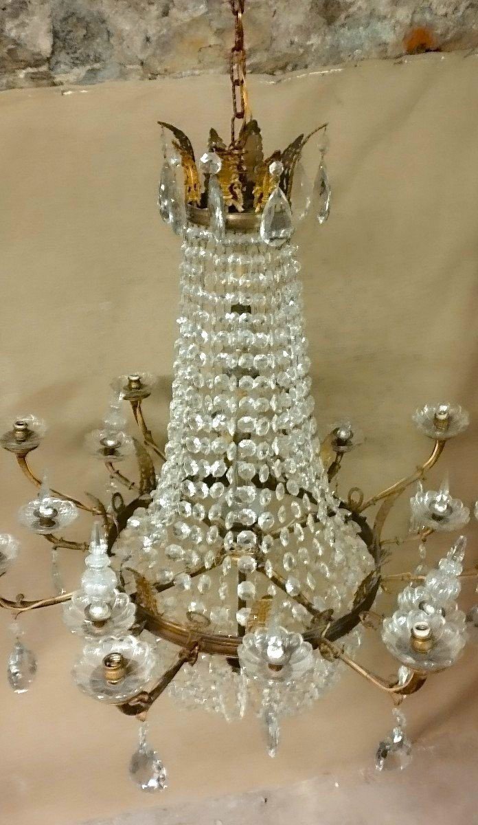 Grand Courbeille De Lustre En Bronze Et Cristal XIX Siecle-photo-8