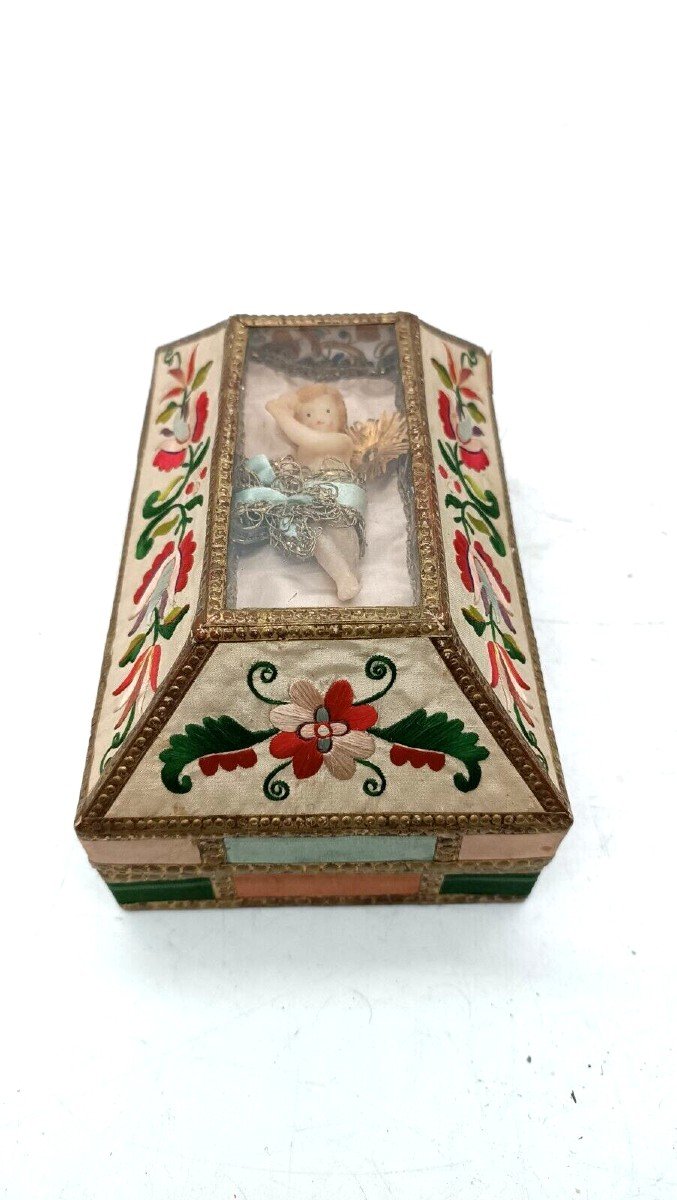 Exceptional 19th Century Embroidered Fabric Box With Wax Child