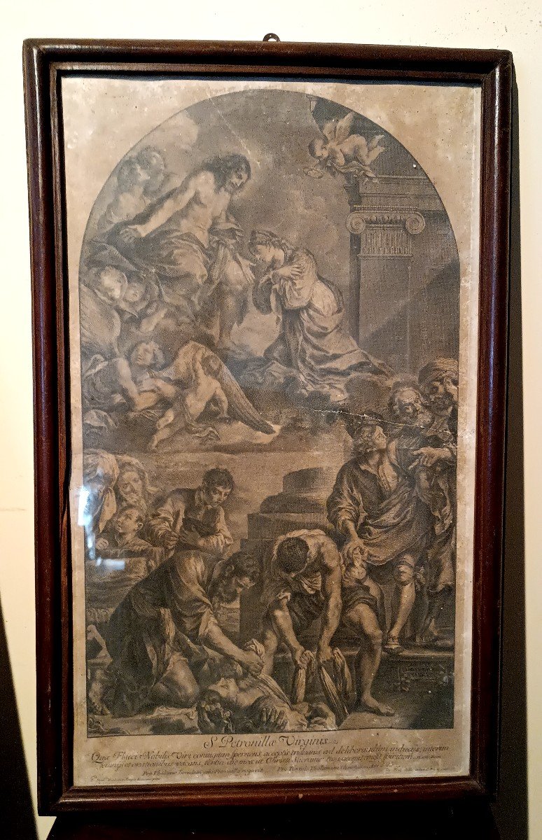 Gravure XVIIIème "inc.jacob Frey" Scène Biblique Saint Petronille 1731