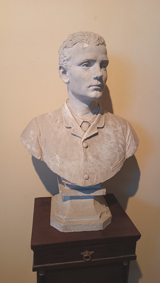 Large Plaster Bust Of A Male Portrait, Signed 1886--photo-3