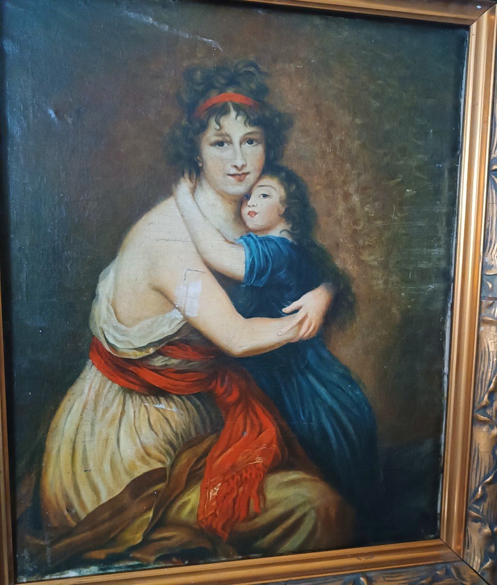 Antique Painting Family Portrait 19th Century By "lebrun"-photo-2